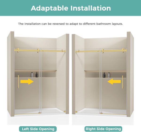 56-60" W x 75" H Frameless Sliding Shower Door, 5/16"(8mm) Clear SGCC Tempered Glass Shower Door Easy Cleaning, Gold Shower Door Designed for Smooth Silding, Easy Installation for Bathroom