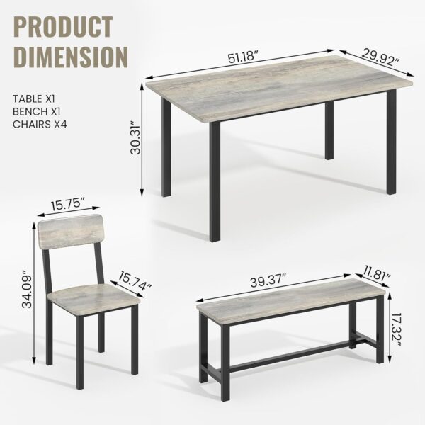 AWQM 6-Piece Dining Set, Modern Dining Table Set for 4-6,Kitchen Table Set with Chairs and Bench,Dining Room Table Set with Metal Frame & MDF Board, Table & Chairs Set for Small Space,Apartment,Grey