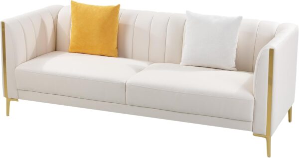 FOTOSOK 78'' Sofa, Modern White Couches for Living Room with 2 Throw Pillows, Comfy Faux Leather Sofa 3 Seater Sofa with Gold Metal Legs, Cloud Sofa Couch Deep Seat Sofas (Cream White)
