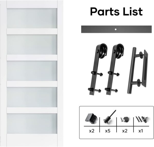 36in x 84in Glass Barn Door Slab With 6.6FT Sliding Door Hardware Kit & Handle,5 Frosted Glass Panel,LVL Material with White PVC Surface,Pre-drilled Holes Easy Assembly,Waterproof,Anti-scratch