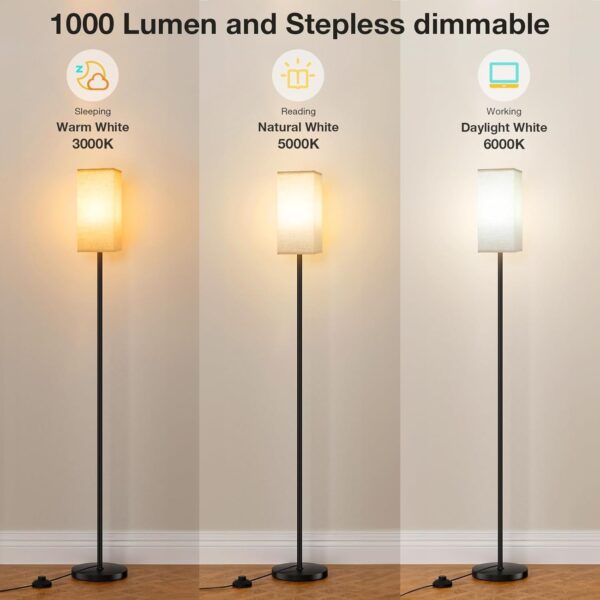 Ambimall Floor Lamps for Living Room - Remote Control, 9W Stepless Dimmable Bulb, Foot Switch, Color Temperatures, 64'' Tall Standing Lamp, Beige Lampshade, Reading Bedroom,Office (Black)