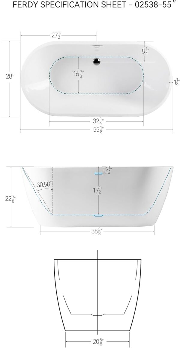 FerdY Bali 55" Acrylic Freestanding Bathtub, Gracefully Shaped Freestanding Soaking Bathtub, Glossy White cUPC Certified, Toe-Tap Chrome Drain and Classic Slotted Overflow Included