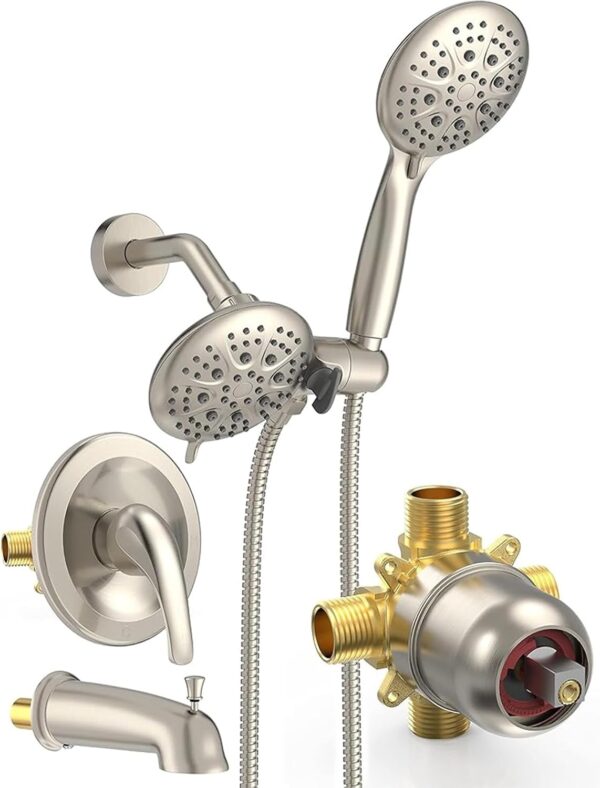 SR SUN RISE Shower System with Tub Spout Rain Shower Tub Set, High Pressure 35-Function Dual 2-in-1 Shower Combo Faucet with Valve, Patented 3-Way Water Diverter in Brushed Nickel (Valve Included)