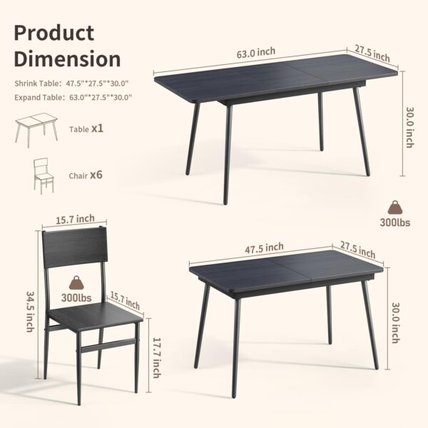 7-Piece Dining Table for 4-6, 63” Large Extendable Dining Table Set for 6, Kitchen Table Set for Apartment and Living Room, Black