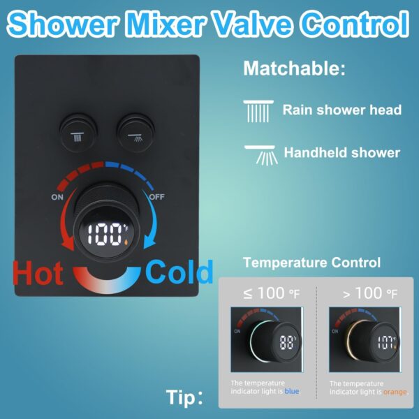 Solid Brass Shower Mixer Valve, Concealed 2 Way Outlet LED Digital Display Diverter Valve, Can Use All Options at A Time Black