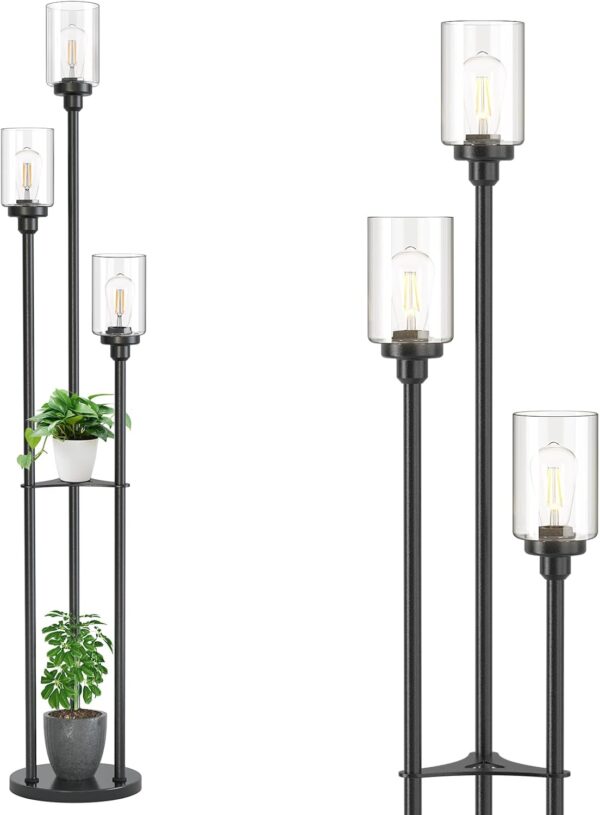 addlon Floor Lamps for Living Room with Clear Glass Shades, 3-Lights Standing lamp with Shelves, Farmhouse Tall Floor Lamp Modern lamp for Bedroom, Office - Black