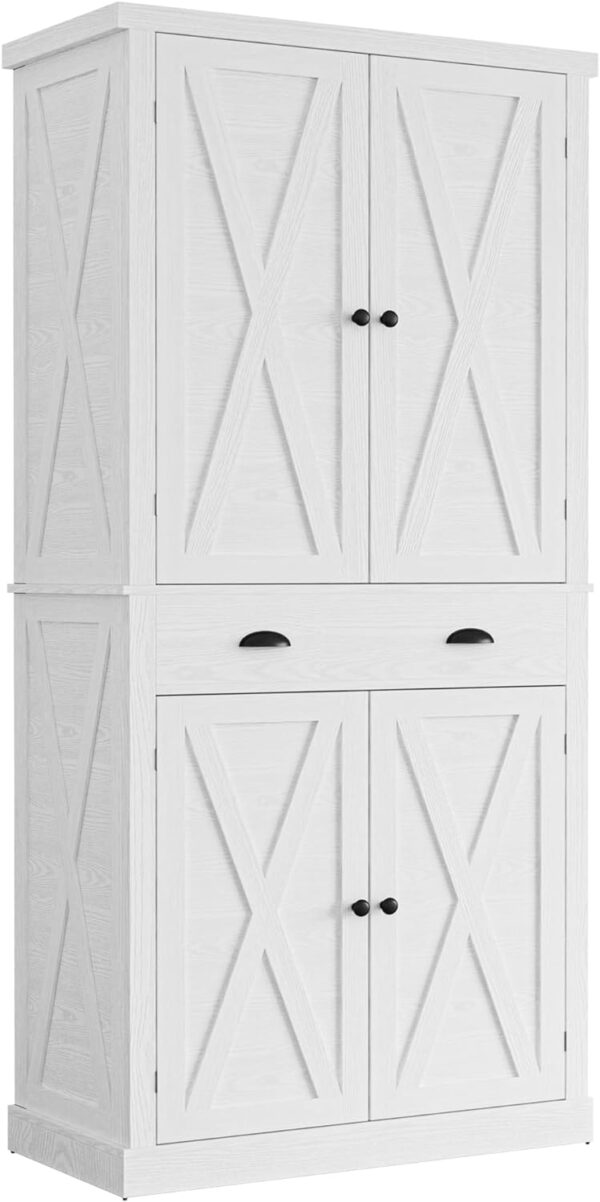 IRONCK Kitchen Pantry Storage Cabinet 72.6" H, with Barn Doors, Drawer, 4 Adjustable Shelves, Freestanding Cupboard for Dining Room Living Room, Laundry, White