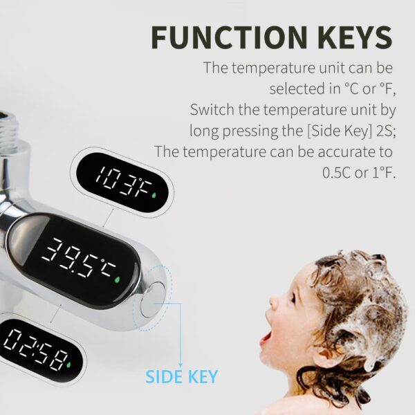 Shower Thermometer Led Digital Display Instant-Read Baby Bath Water Power Thermometer Support Fahrenheit Celsius 360°Rotating Screen for Home Bathroom Kitchen Handheld Sprinkler Head