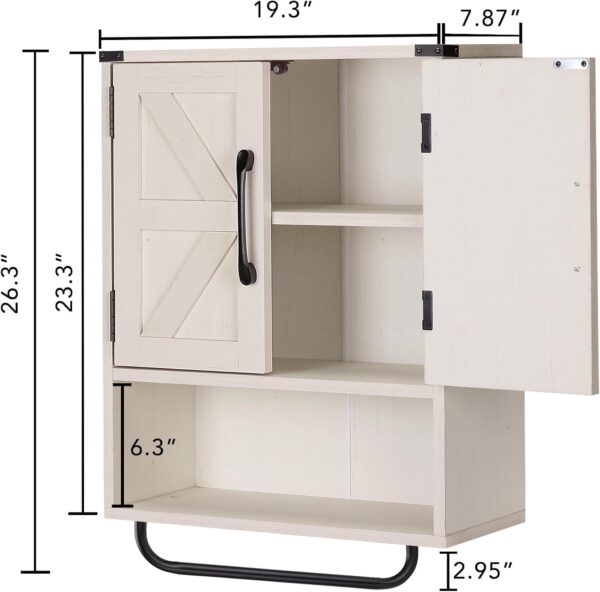 RUSTOWN Farmhouse Wall Storage Cabinet with Two Barn Door, Rustic Mounted Medicine Cabinet with Adjustable Shelf and Towel Bar, 3-Tier Wood Cabinet for Kitchen, Bathroom, Living Room (Vintage White)