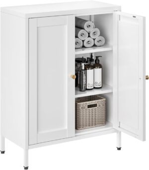 Bathroom Floor Storage Cabinet,Metal Storage Sideboard with 2 Doors and 2 Adjustable Shelves,Modern Storage Freestanding Organizer Rust-Proof Locker,Living Room,Hallway,White