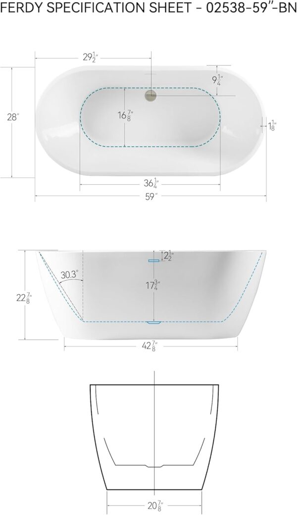 FerdY Bali 59" Acrylic Freestanding Bathtub, Gracefully Shaped Freestanding Soaking Bathtub with Brushed Nickel Drain & Minimalist Linear Design Overflow, Glossy White, cUPC Certified