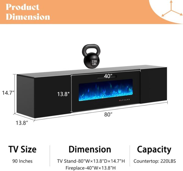 AMERLIFE Floating Fireplace TV Stand, Wall Mounted Mirrored Entertainment Center with 40" Electric Fireplace, Modern LED Lights Media Console for TVs Up to 90", Black