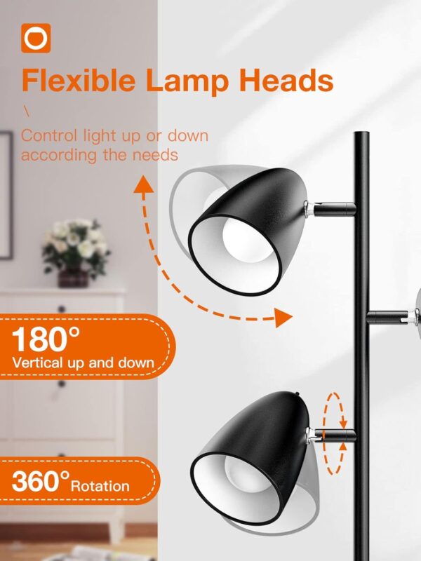 addlon Tree Floor Lamp with 3 Adjustable Rotating Lights and Matching LED Bulbs, Standing Tall Pole Lamps for Living Room, Bedroom, Home, Office - Black