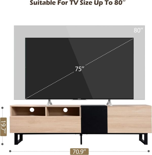 Modern TV Stand with 3 Cabinets & Open Shelves, Minimalist Wooden Entertainment Center for TVs Up to 80”, Sturdy TV Console for Living Room Bedroom Decor (Wood)