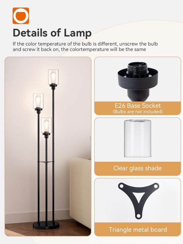 addlon Floor Lamps for Living Room with Clear Glass Shades, 3-Lights Standing lamp with Shelves, Farmhouse Tall Floor Lamp Modern lamp for Bedroom, Office - Black