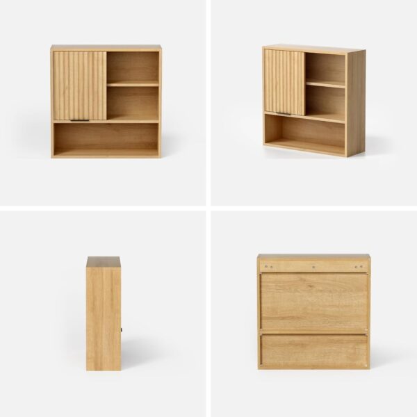 Fluted Wall Cabinet Bathroom, Modern Medicine Cabinet with Sliding Door Adjustable Shelf Wood Storage Cabinet Wall Mounted for Kitchen Dining Room Living Room, Natural Oak