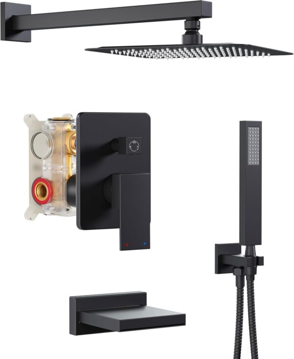 Black Shower System with Tub Spout, All Metal Tub Shower Faucet Set with 10" Rain Shower Head and Handheld Spray combo, Wall Mounted Tub Shower Systems with Valve and Trim Kit, Matte Black