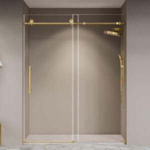 61uK53QSA9L._AC_SL1500_.jpg 56"-60" W X 75" H Frameless Quiet Sliding Shower Door,Solid Shower Door with 5/16"(8mm) Clear Tempered Glass,Sturdy Rail,Stainless Steel Handles,Water Retaining Strips,Premium Bathroom Door,Gold