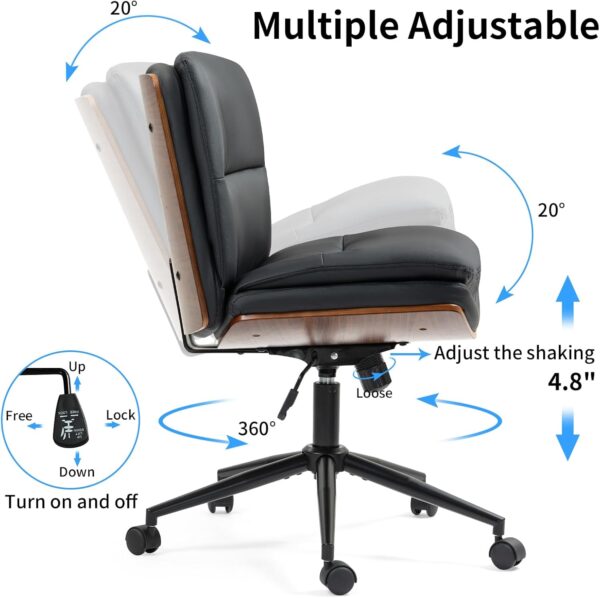 Armless Modern Walnut Office Desk Chair with Wheels, PU Leather Adjustable Wide Swivel Task Chair, Ergonomic Cross Legged Computer Chair for Conference Room, Home Office (Black)