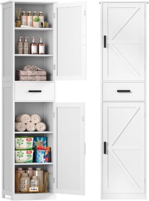 67.1" Tall Bathroom Cabinet, Storage Cabinet with 6 Shelves & Drawer, Bathroom Storage Cabinet with Adjustable Shelves, Tall Cabinet for Bathroom,Living Room, Kitchen, White