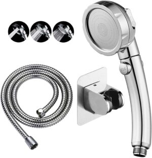 KAIYING Drill-Free High Pressure Handheld Shower Head with ON/OFF Pause Switch 3 Spray Modes Water Saving Showerhead, Detachable Puppy Shower Accessories (M:Shower Head (Chrome)+Bracket+Hose)