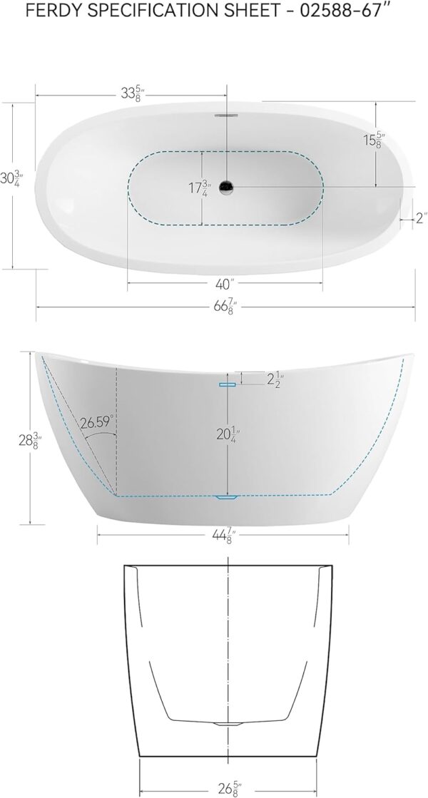 FerdY Naha 67" Acrylic Freestanding Bathtub, Curve Edge Freestanding Soaking Bathtub, Glossy White, cUPC Certified, Toe-Tap Chrome Drain & Overflow Assembly Included, 02588