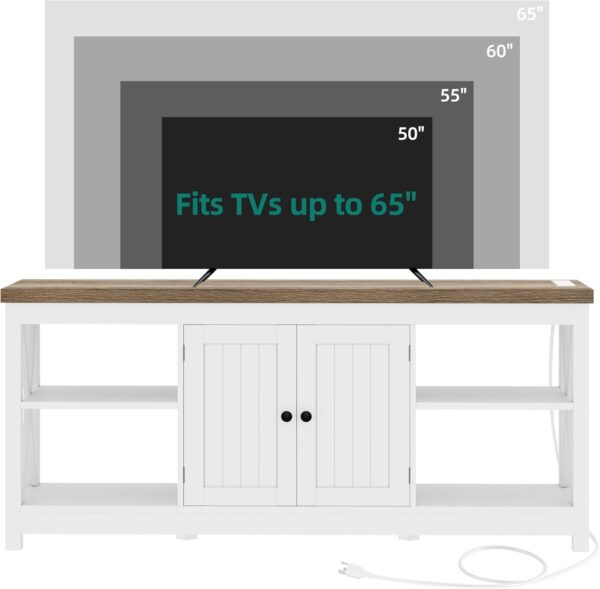 YITAHOME TV Stand for Living Room, Farmhouse Entertainment Center with Power Outlet for TVs up to 65 60 55 Inch, Rustic Media Console TV Cabinet with Open Shelves and Adjustable Shelf, White