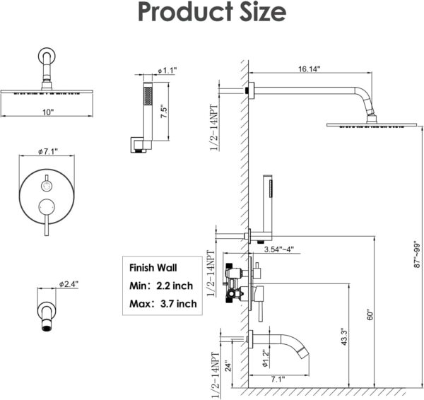 Gabrylly Black Shower System with Tub Spout, Bathtub Shower Faucets Set with 3-Way Shower Valve, High Pressure 10" Rain Shower head with Handheld Spray Combo, Wall Mounted Tub Shower Kit, Matte Black