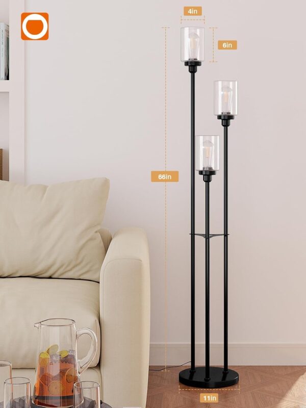 addlon Floor Lamps for Living Room with Clear Glass Shades, 3-Lights Standing lamp with Shelves, Farmhouse Tall Floor Lamp Modern lamp for Bedroom, Office - Black