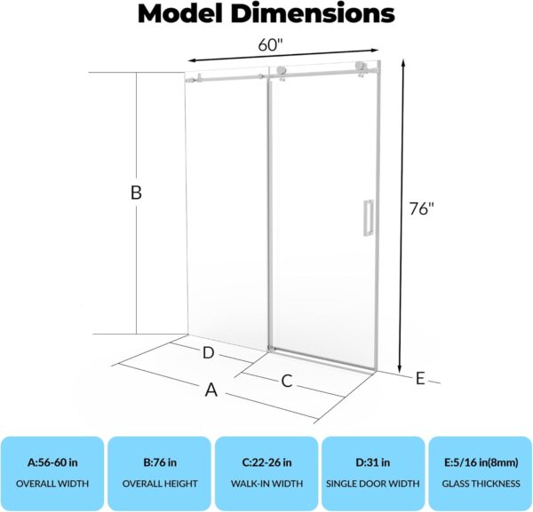 Shower Door, 56-60" W × 76" H Frameless Sliding Shower Door,Waterproof Glass Shower Door with Stainless Steel Handle and Seal Strip, 5/16" (8mm) Easy-Clean Tempered Glass, Brushed Nickel