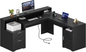 63" Farmhouse L Shaped Desk with Drawers & Storage Shelf, Corner Computer Desk with Power Outlets for Home Office, Executive Desk with Monitor Stand, Printer Shelf, Black