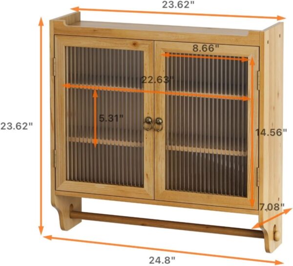 Farmhouse Medicine Cabinet with Glass Doors, Wood Wall Storage Cabinet, Rustic Bathroom Cabinet with 3-Tier Shelves and Towel Bar for Bathroom Kitchen Living Room (Light Walnut)