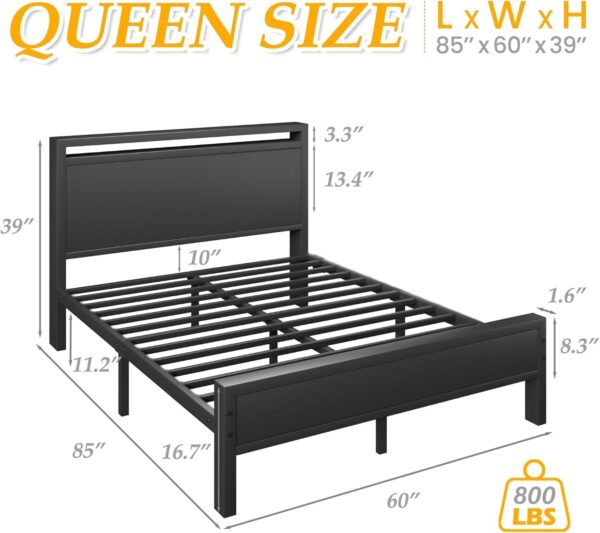 Queen Bed Frame with Headboard, Bed Frame with Charging Station & LED Light, Under-Bed-Storage, No Box Spring Needed, Noise Free, Easy Assembly, Black