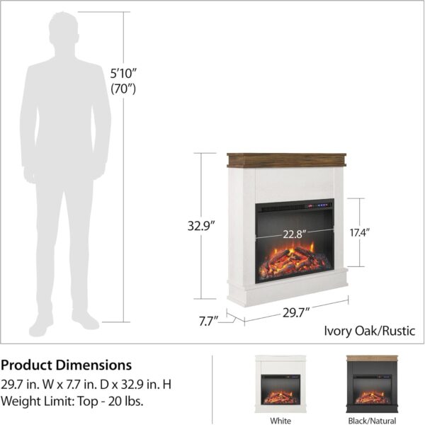 Ameriwood Home Mateo 30 Inch Electric Fireplace with Mantel, Replaceable Fireplace Insert Heater, Freestanding, Remote Control, Timer, Realistic Log and Flame Effect, White