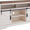 OKD Farmhouse TV Stand for 65+ Inch TV, 33" Tall Highboy Entertainment Center w/Sliding Barn Door, Rustic Media Console w/Storage Shelves, Wood Television Stand for Living Room, Antique White