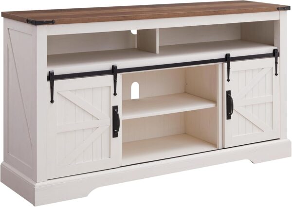 OKD Farmhouse TV Stand for 65+ Inch TV, 33" Tall Highboy Entertainment Center w/Sliding Barn Door, Rustic Media Console w/Storage Shelves, Wood Television Stand for Living Room, Antique White