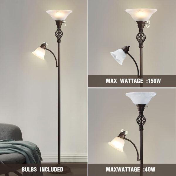 Torchiere Floor Lamp for Living Room, LED Standing Reading Light for Bedroom with Glass Shade for Living Room Corner Bedroom Home Office,Bulbs Included (Red Brown,Glass 2 Head)