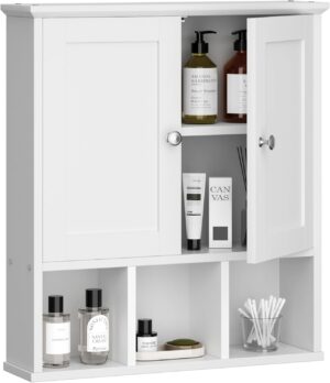 Shintenchi Bathroom Wall Cabinet with Door, Over The Toilet Medicine Cabinet with Adjustable Shelf & Open Shelf, White