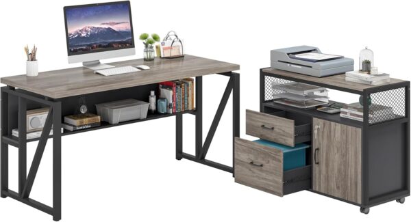 Tribesigns Office Computer Desk with Cabinet Sets,55 inches Executive Desk with Mobile File Cabinet Drawers Shelves for Home Office Furniture (1 Desk + 1 Cabinet)