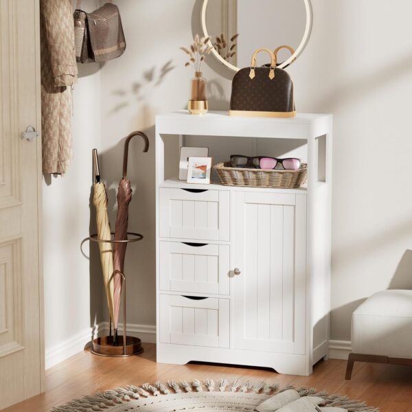 YESHOMY Bathroom Storage Cabinet Freestanding Floor Cupboard with 1 Door and 3 Drawers for Kitchen, Living Room, White