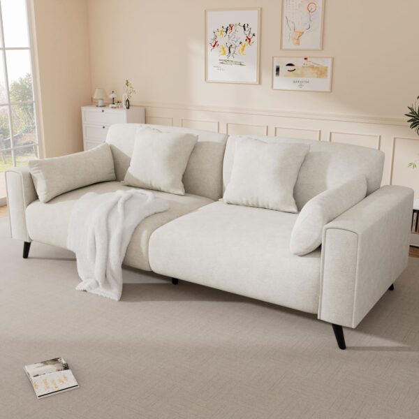 82" Sofa Couch for Living Room, Modern Comfy Sofa with Extra Depth Seat and 2 Throw Pillow | 2 Armrest Pillow, 3 Seater Chenille Couches for Living Room Small Space, White