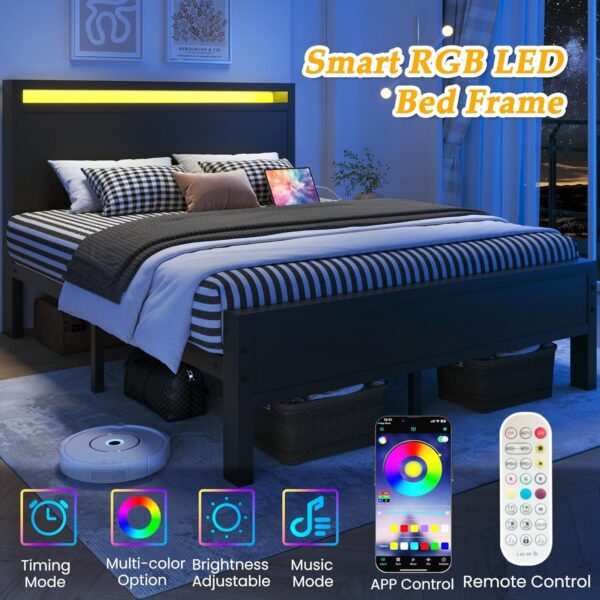 Queen Bed Frame with Headboard, Bed Frame with Charging Station & LED Light, Under-Bed-Storage, No Box Spring Needed, Noise Free, Easy Assembly, Black