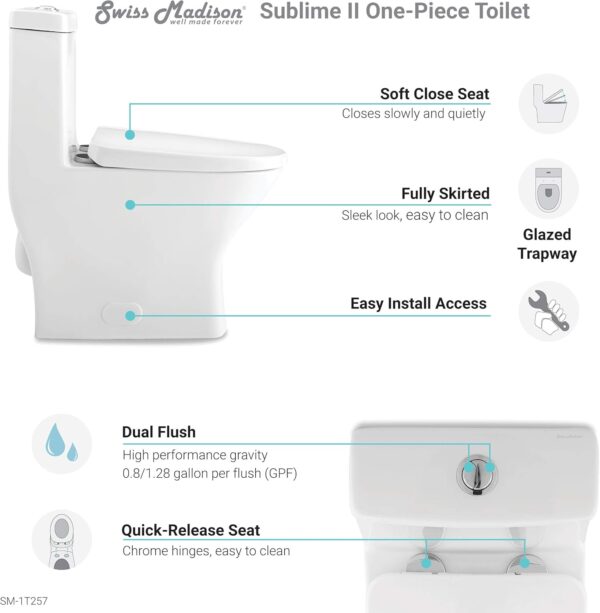 Swiss Madison SM-1T257 Sublime II Compact 24" Length One Piece Toilet Dual Flush 1.1/1.6 GPF with Side Holes, Glossy White