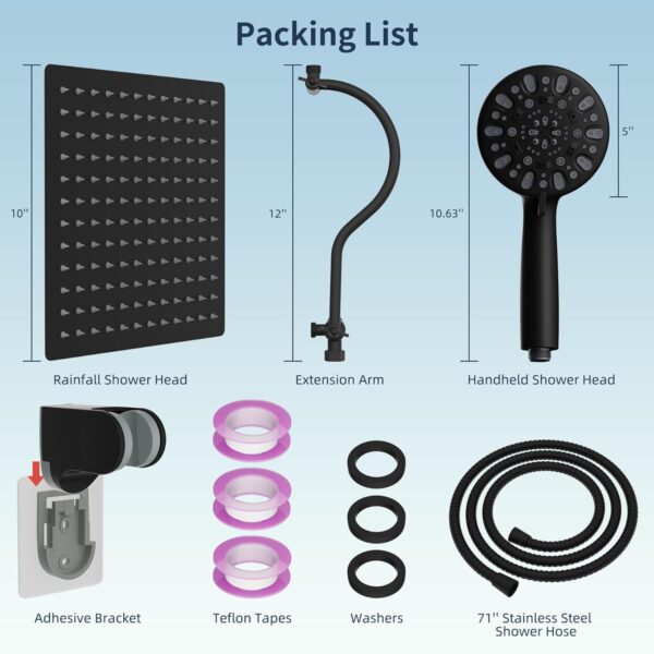 Hibbent All Metal High Pressure Rainfall 10 Inch Shower Head/Handheld Showerhead Combo/ 12 Inch Adjustable Curved Shower Extension Arm, 7-Spray, 71-inch Hose, Adhesive Showerhead Holder, Matte Black