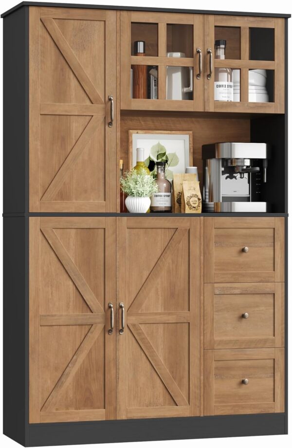 FINETONES Farmhouse Pantry Cabinet, Kitchen Pantry Storage Cabinet with Microwave Stand, Ktichen Hutch Food Pantry Cabinet with Open Countertop and Adjustable Shelf for Kitchen Dining Room