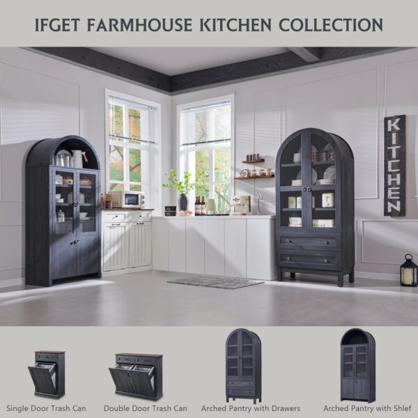 71" Tall Arched Kitchen Pantry Cabinet, Wood Kitchen Storage Cabinets with 2 Large Drawers and Adjustable Shelves, Modern Farmhouse Versatile Cupboard for Kitchen, Dining Room, Bathroom, Grey