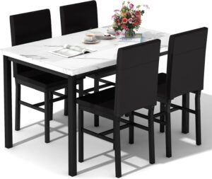 DKLGG Dining Table Set for 4, Modern Kitchen & Dining Room Sets 5 Pieces Dining Table Set Faux Marble Table and 4 PU Leather Chairs for Small Space, Home Kitchen, Apartment, White & Brown