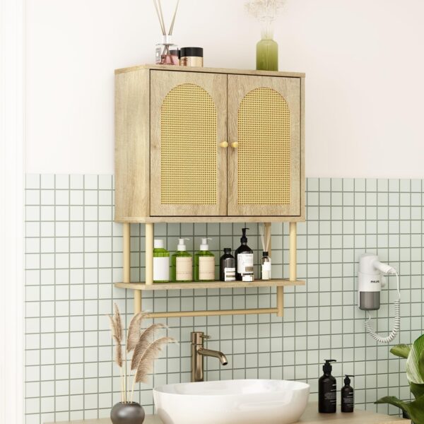 RUSTOWN Rattan Bathroom Wall Cabinet, Modern Boho Medicine Cabinet with Two Arched Rattan Doors, Over The Toilet Storage Cabinet with Adjustable Shelf and Towel Bar for Bathroom (Natural,Medium)
