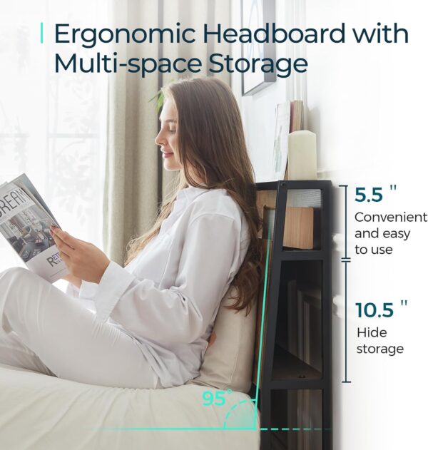 LINSY Full Bed Frame with Storage, Ergonomic Headboard, 14 inch Fast Assembly Metal Bed with Lights, Outlets & USB, Full Size, Noise Free, No Box Spring Needed, Greige