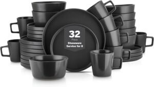 Stone Lain Coupe 32-Piece Stoneware Dish Set, Celina Service for 8, Black Plates and Bowls Dinnerware Set, Dishwasher and Microwave Safe, Black Matte